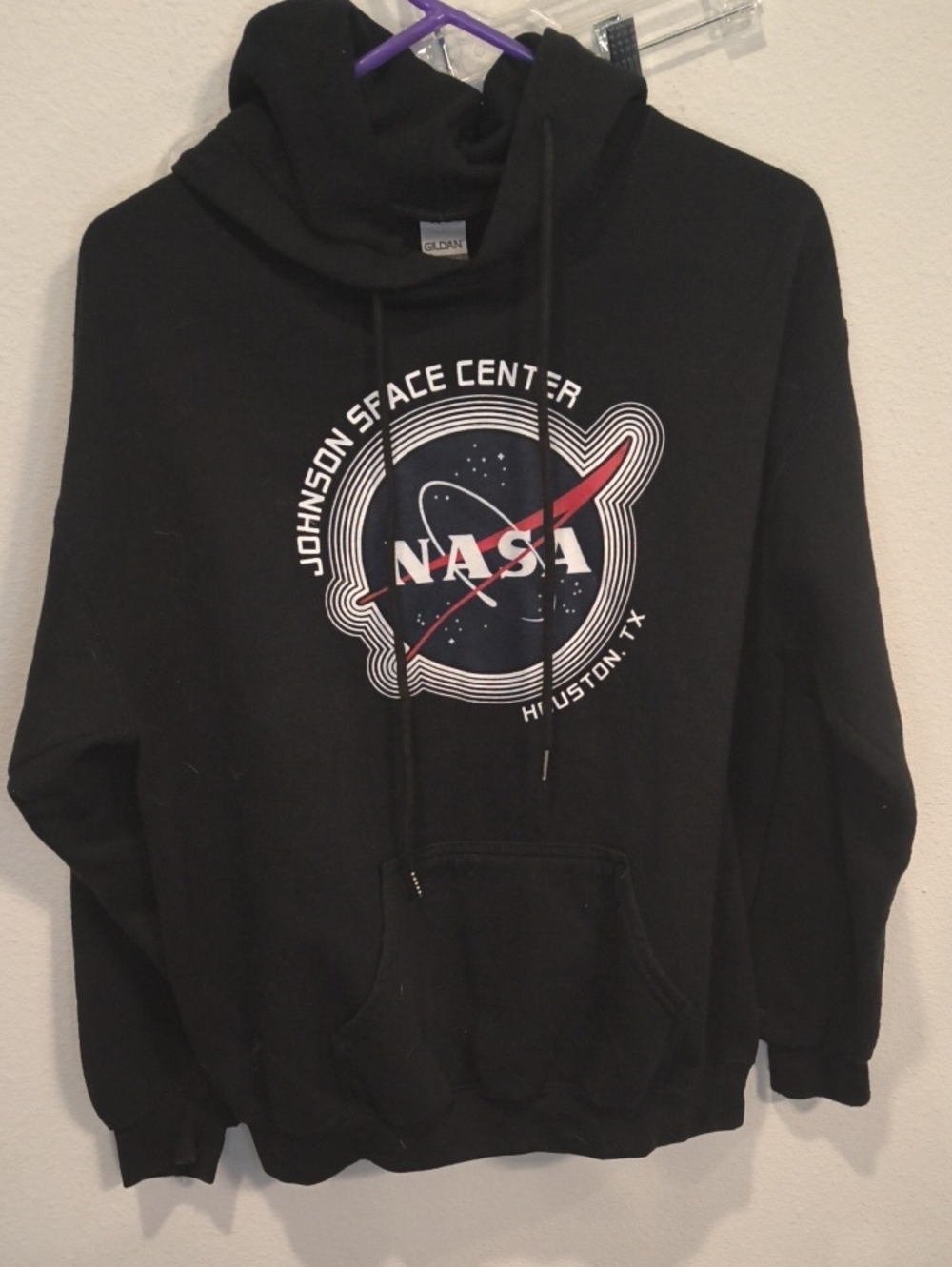 Gildan Black NASA Johnson Space Center Hoodie with White and Red Logo M